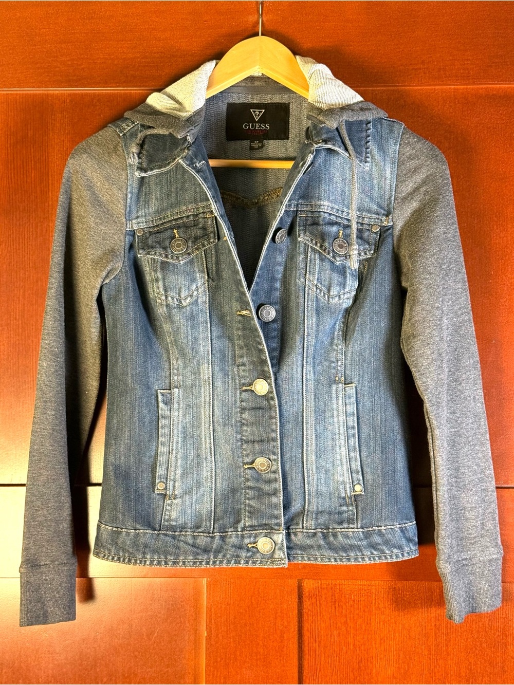 GUESS Denim Jacket S Hooded Gray Sweatshirt Sleeves Layered Look